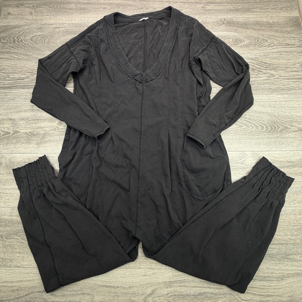 Free People Jumpsuit Women Medium Black Oversized V Neck Comfy Thumbholes Lounge